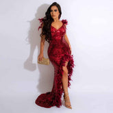 Women's Sexy Sequin Feather Prom Dresses 2025 High Slit Deep V Neck Evening Formal Masquerade Ball Gown Maxi Dress - Bmbride